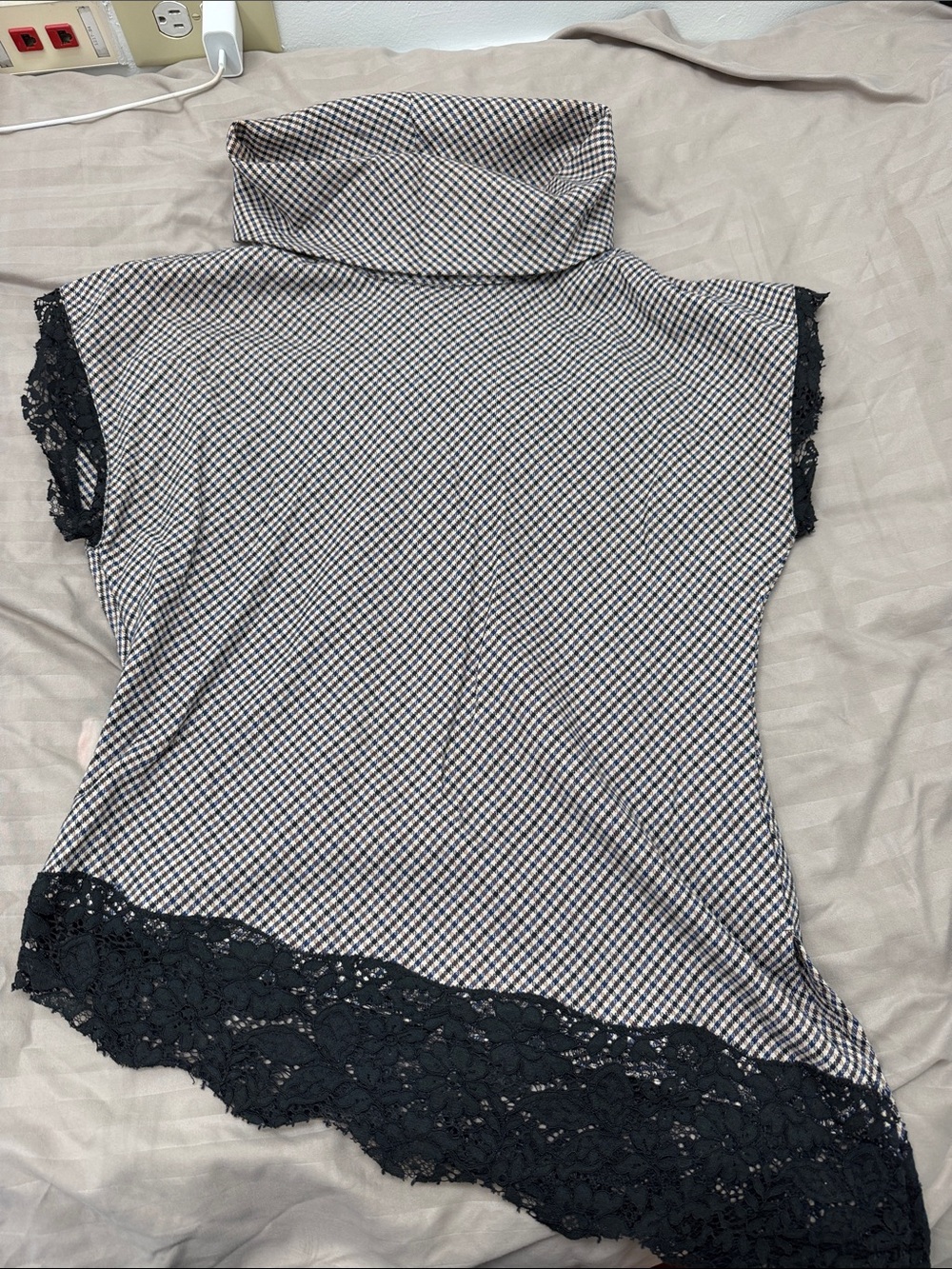 Zara Black & White Gingham Turtleneck Tunic with Lace Hem